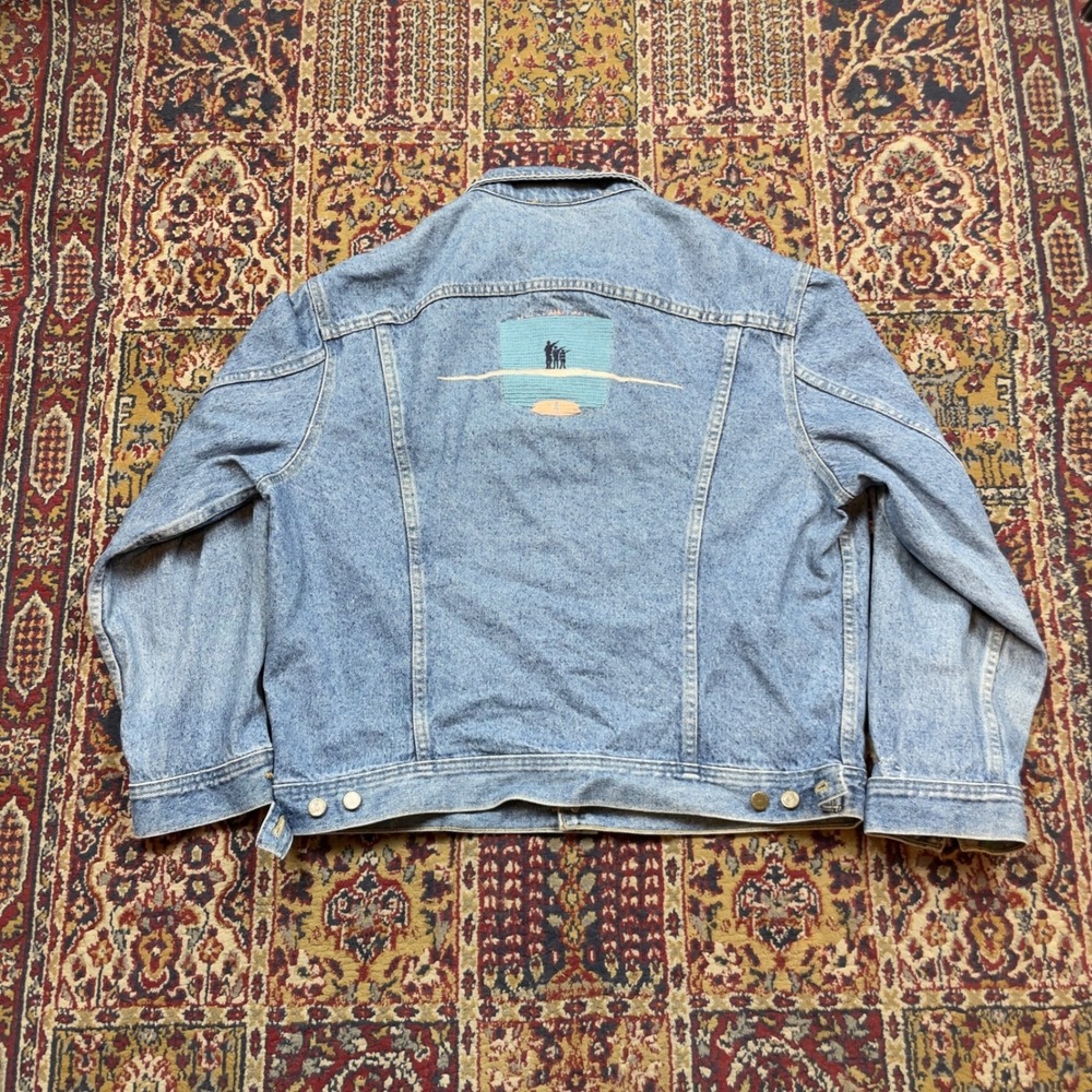 VTG 80s 90s Lee Riders Brand Promo Faded Blue Denim Trucker Jacket Embroidery XL